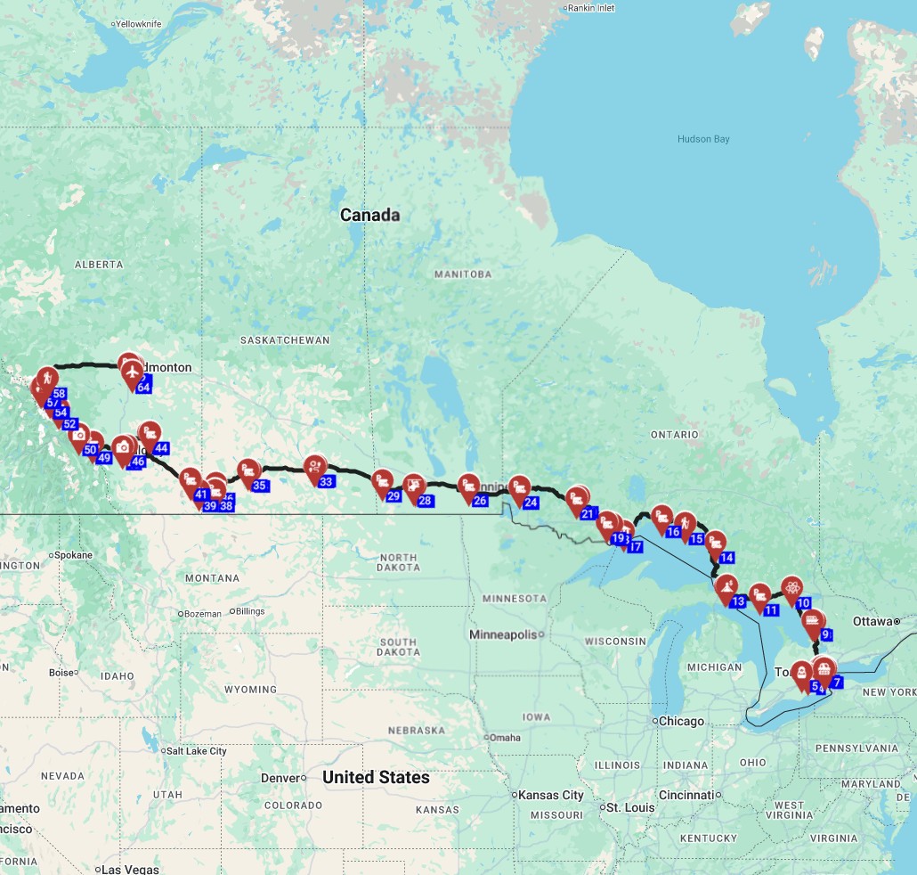 RV trip Canada - Toronto to Edmonton motorhome trip route plan